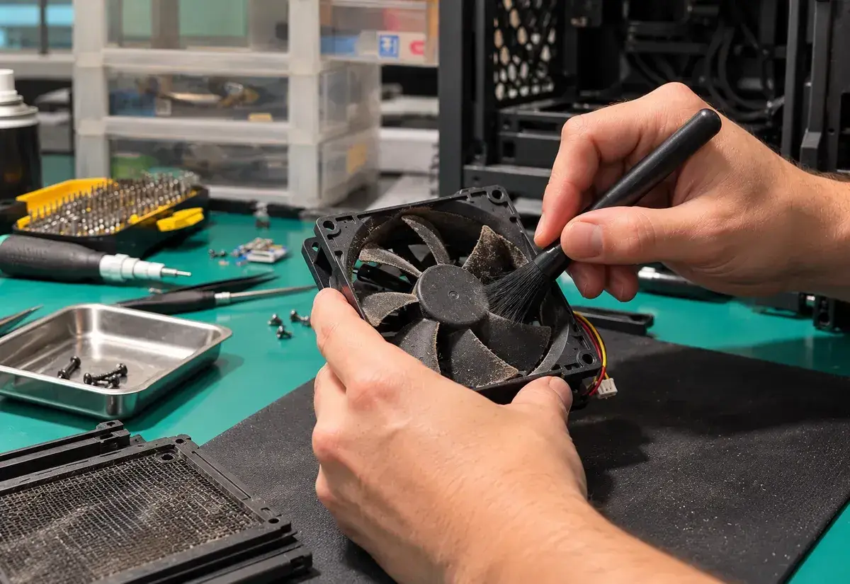 Limpeza interna de um computador na bancada da PCSPEED, em Viseu